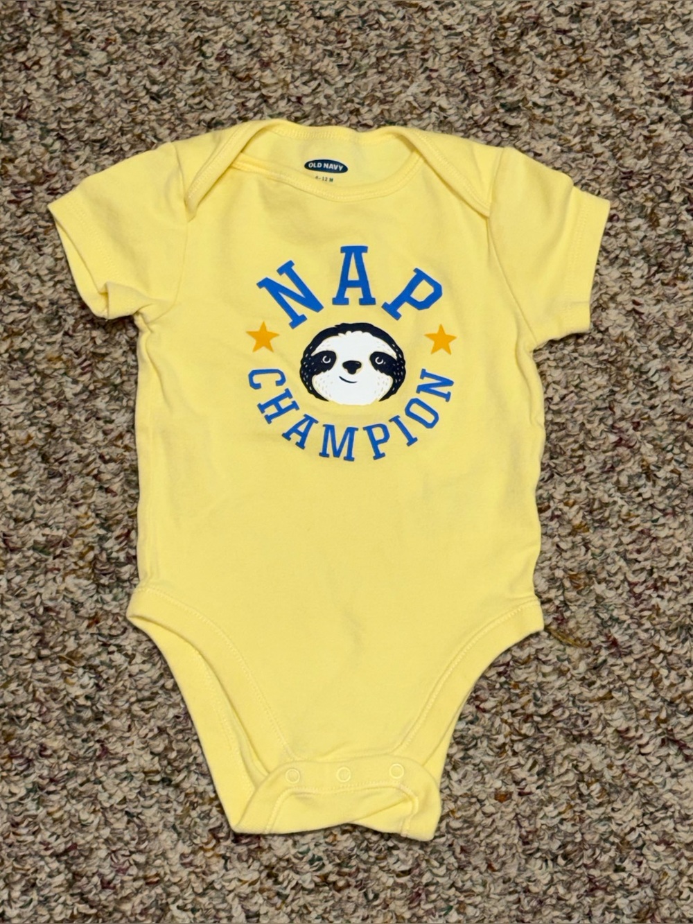 Boys girls 6-12 months shirt Old Navy Yellow 'Nap Champion' Baby One-Piece